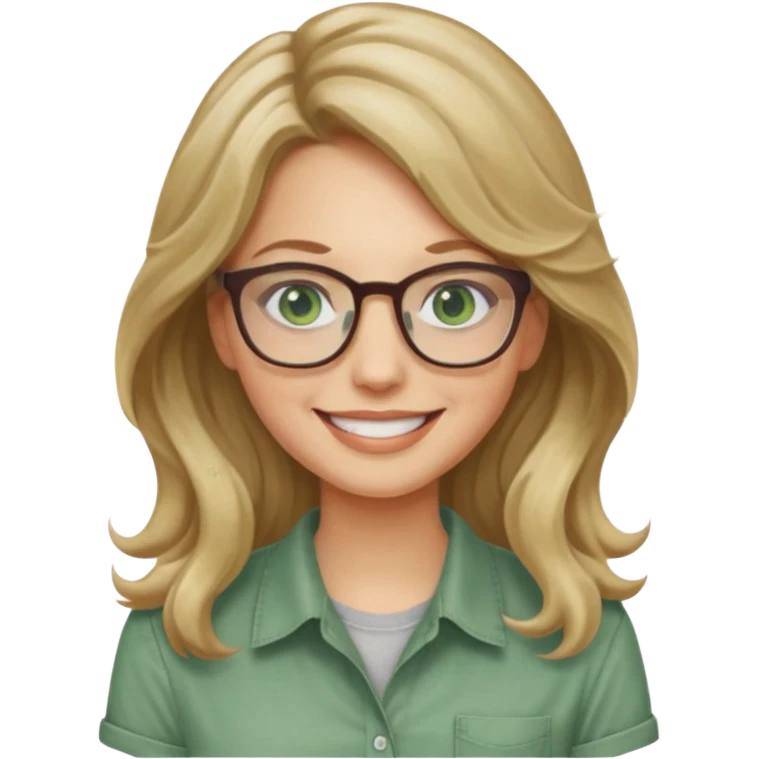 long wavy dirty blonde hair woman with green eyes and glasses smiling emoji