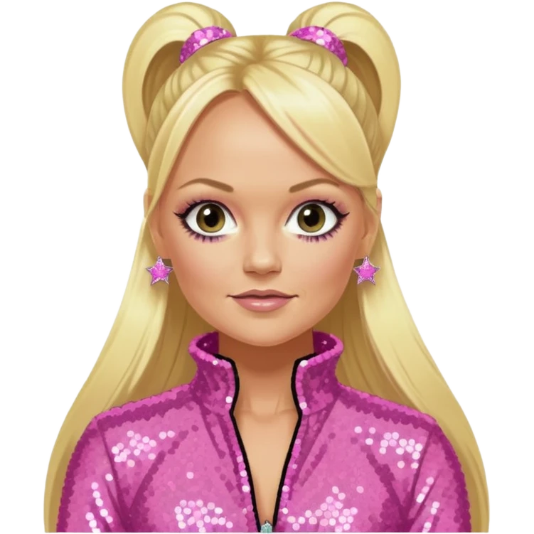 Emma Bunton from Spice Girls with long blonde two high ponytail hair, pink sequin outfit emoji