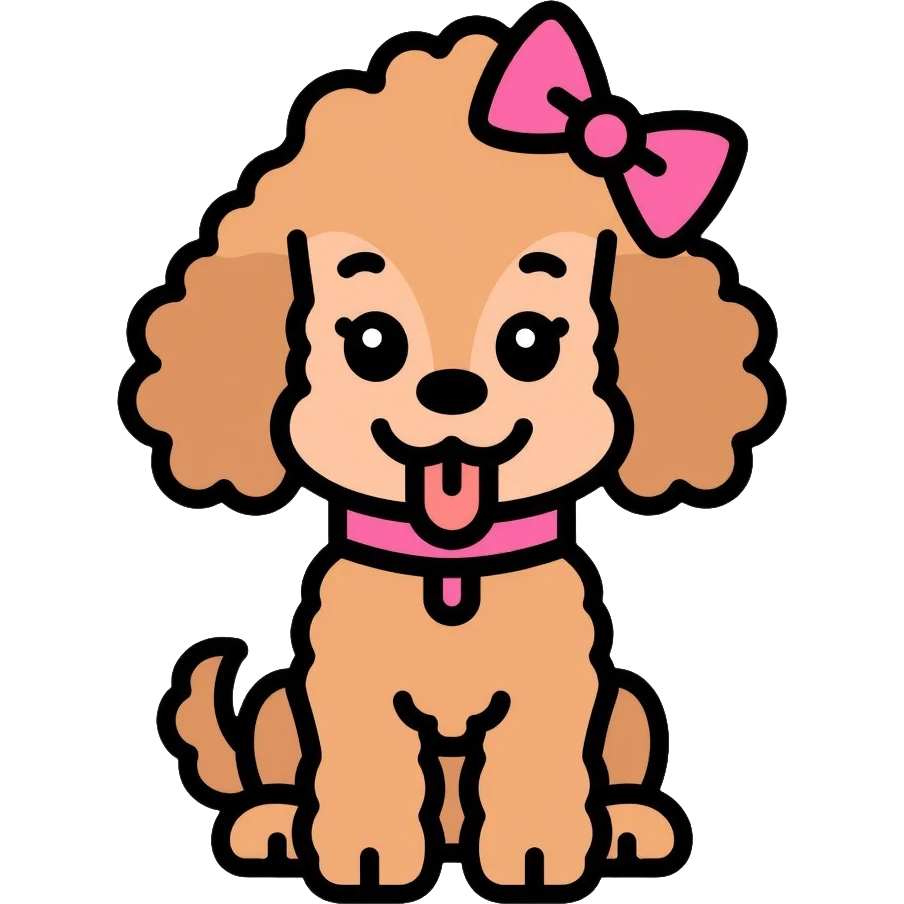 Cute brown poodle dog with a pink bow on its head and tail, with its tongue sticking out, and wearing a pink collar emoji
