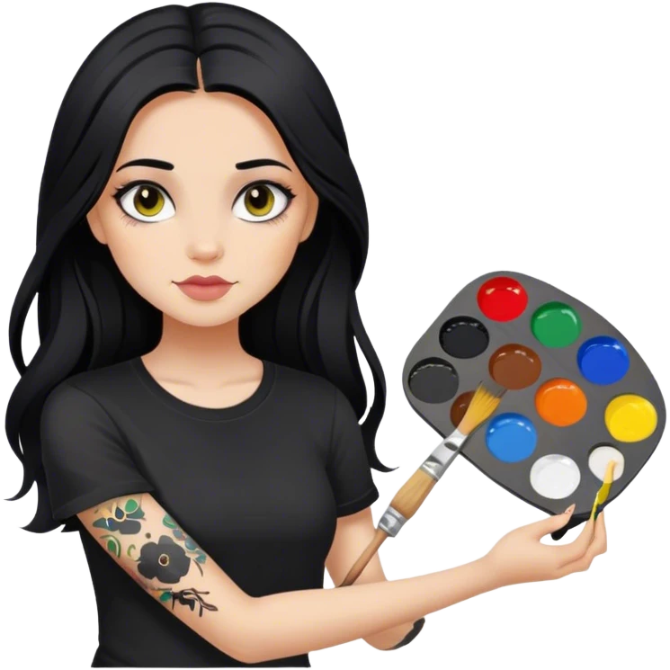 A girl with long black hair and hazel eyes and black tattoos on right arm holding a paint palette  wearing black shirt emoji