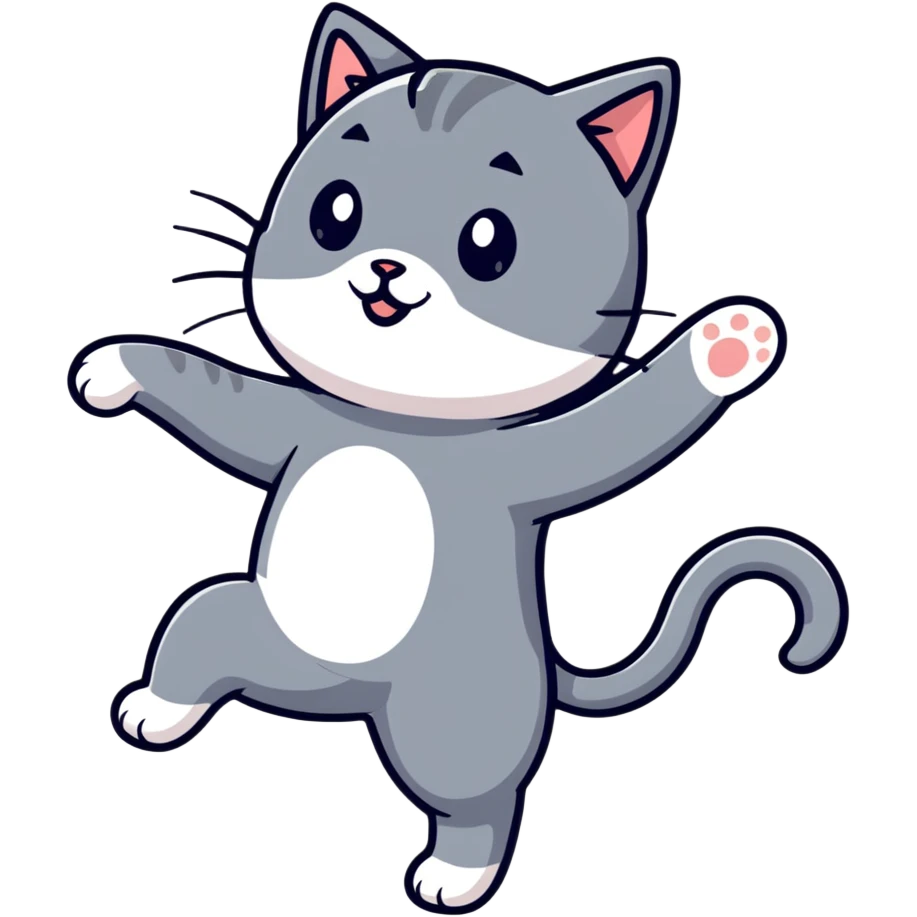 A grey cat with a white breast is dancing emoji