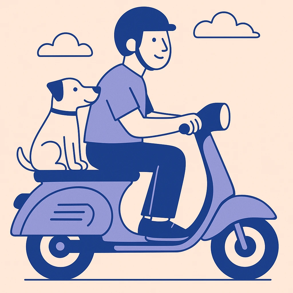 man and his pet dog riding a vespa emoji