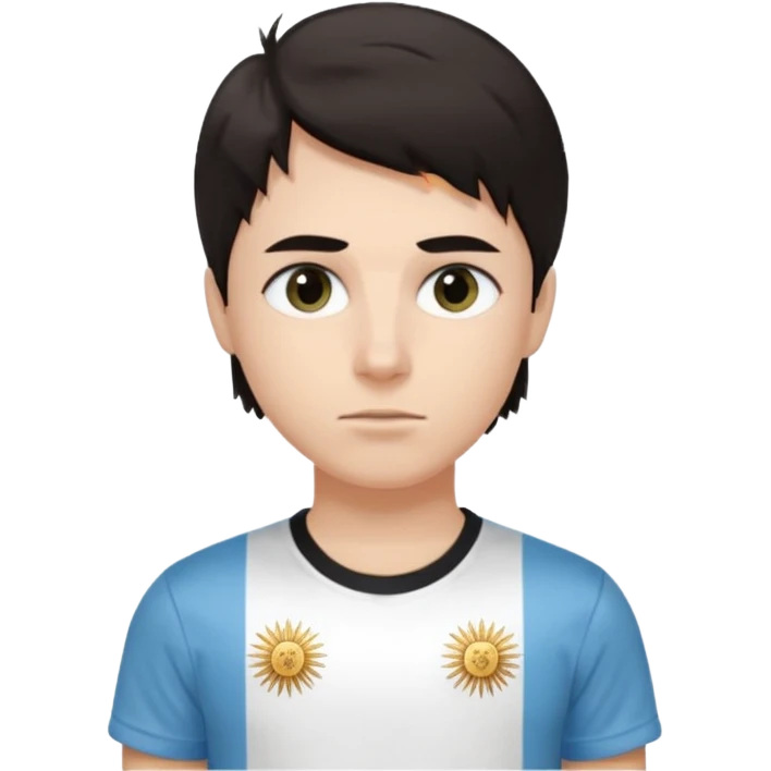 A dark-haired person with dark circles under their eyes and an Argentina t-shirt, with short and long hair but not combed. emoji