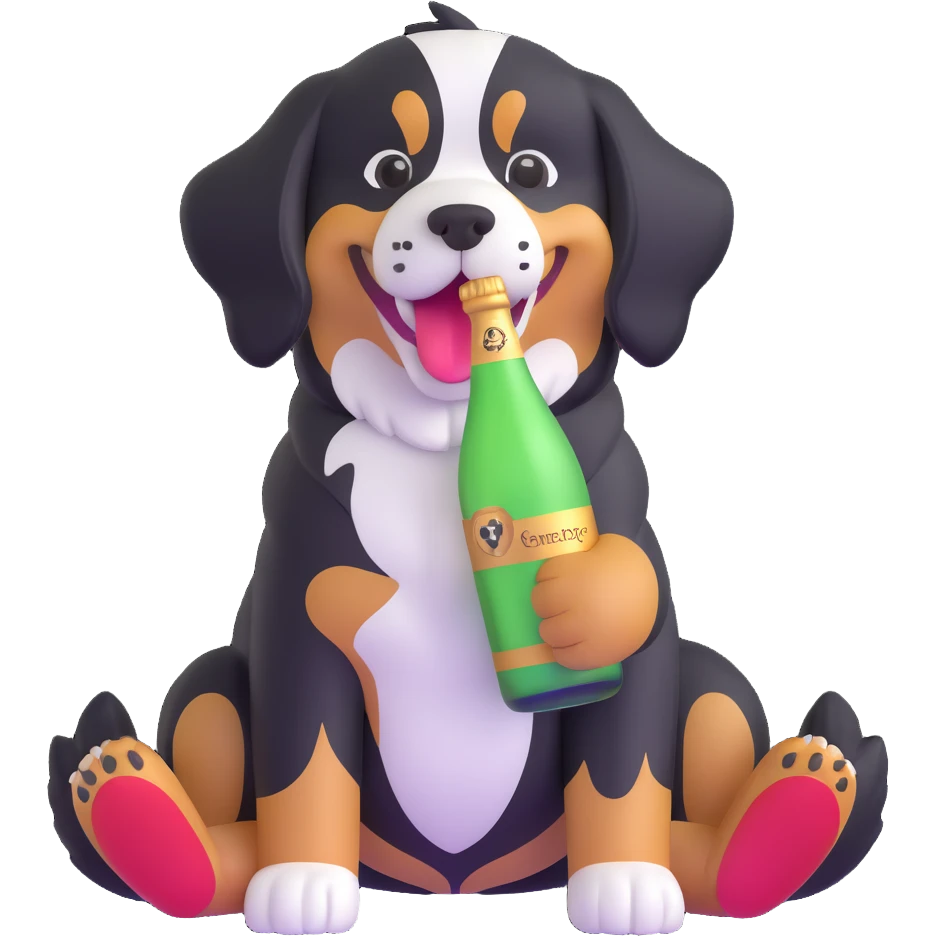 bernese mountain dog with a toy champagne bottle in its mouth emoji