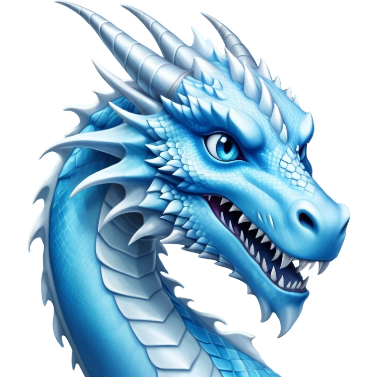 Cinematic Noble elegant Ice Dragon Portrait Emoji, Poised and imposing, distinct long elegant snout, with a slender, scaled body shimmering in glacial hues of icy blue, frostbitten silver, and crystalline white, breathing out frost, with piercing, glowing ice blue white eyes that radiate the chilling depths of an arctic storm; rendered in detail. excuding wisdom emoji