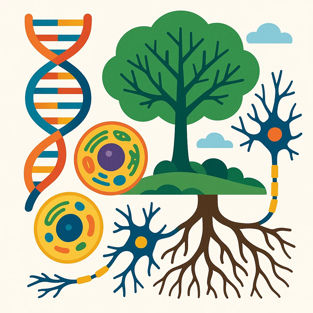 A realistic biological illustration (like in a school book) showing: DNA strands transitioning into a tree, cells with visible organelles, neurons connected to plant roots  and a balanced ecosystem background . Seamless integration, no labels or borders, complete white background (not off white!), detailed but minimalist.  emoji