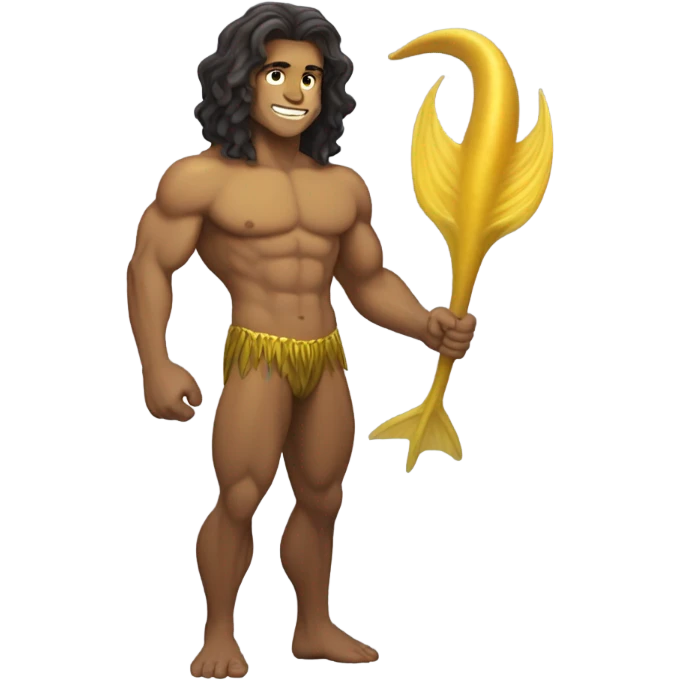 Tan muscular merman with yellow tail and dark hair emoji