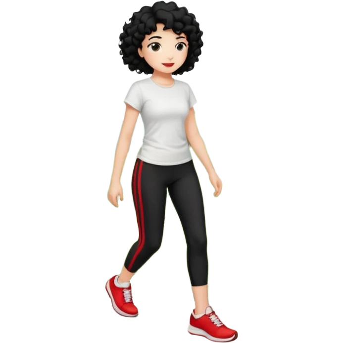 generate a pretty bratz fair skinned girl with curly black hair wearing a white tshirt trekking on a hill with red sneakers on and black leggings. Show HILLS emoji