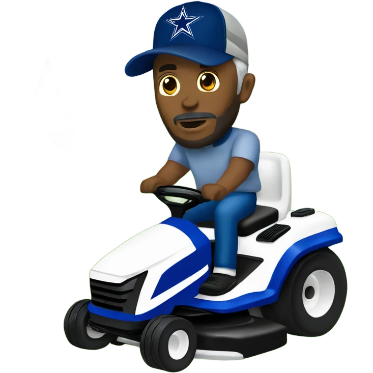 Bigger white man with short grey beard and blue Dallas cowboys hat riding lawn mower  emoji