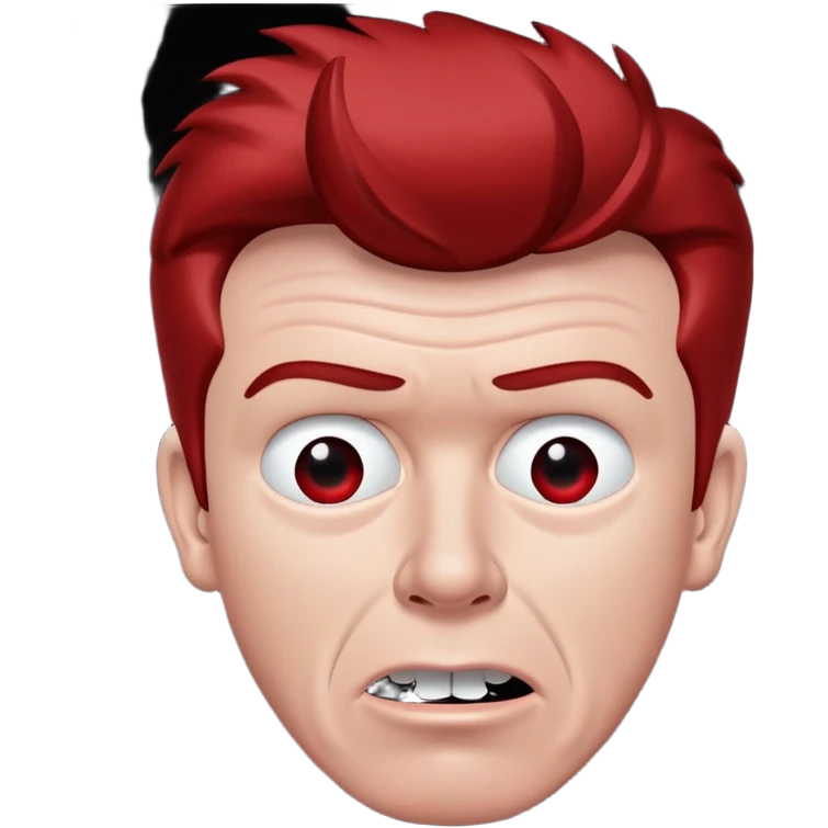 Mirrored Rick Astley with a kinda worried face but his upper teeth are sticking out and he’s really red and the background is pitch black emoji