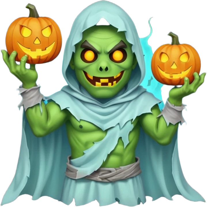 male orc warrior ghost emoji, green skin, wearing torn white ghost sheet costume, holding glowing jack-o'-lantern, faint blue aura, friendly but spooky expression, Halloween fantasy theme, Apple emoji style, clean white background, square emoji