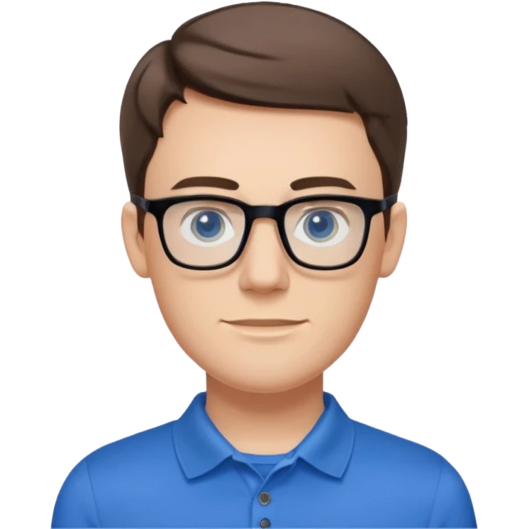 Scott The WozYoung white man, late 20s, short brown hair, blue eyes, clean-shaven, thin black rectangular glasses, slim build, wearing a blue polo shirt, friendly and energetic look. emoji