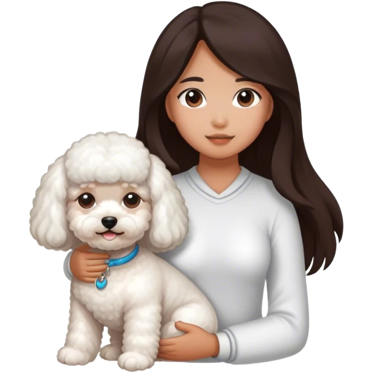 An Asian girl with tanned skin and long hair and a bichon emoji