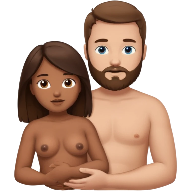 chubby white guy with brown hair and beard and blue eyes, holding a brown girl with long dark hair and dark brown eyes in arms, naked, showing tits emoji