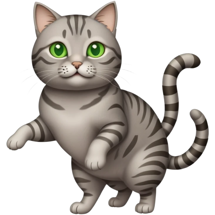 Slightly chubby Gray tabby cat with green eyes prancing emoji