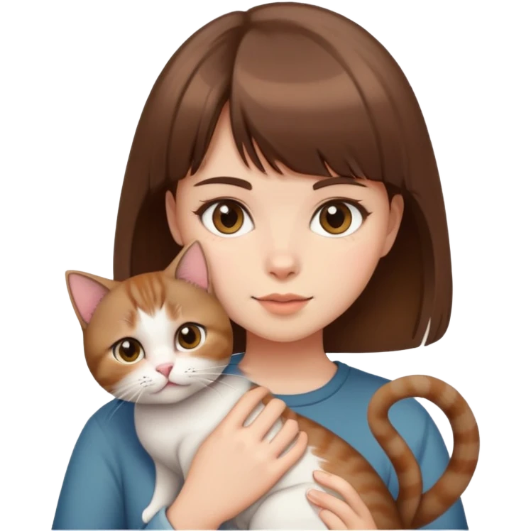 A girl with brown hair and bangs holding a shorthair cat emoji