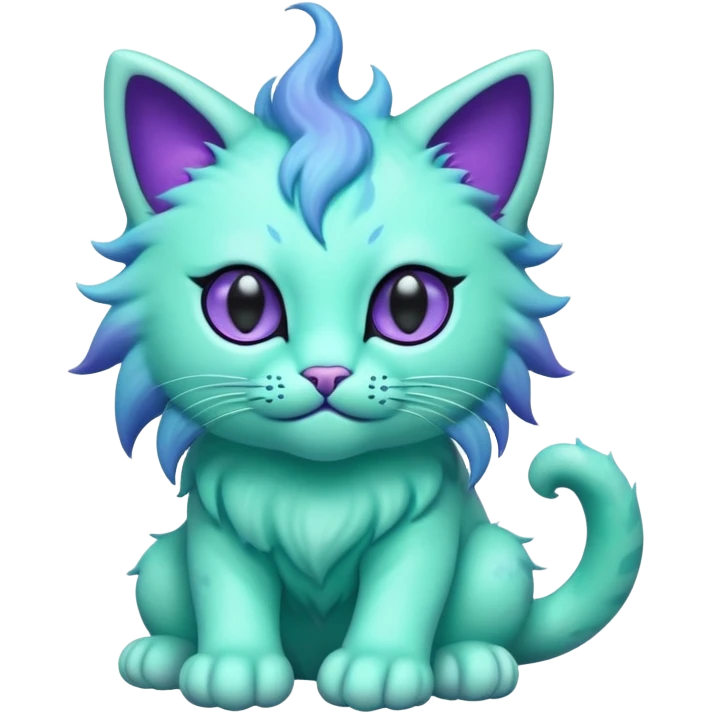 Create a mystical creature that combines the adorable alien-octopus's psychic nature with the power of a lion, resulting in a medium-sized beast with a mint-green feline body covered in short, plush fur that transitions to a fluffy blue mane around its neck and shoulders; its face would feature large, hypnotic black eyes and a gentle expression, while eight tentacle-like appendages emerge from its back that gradient from teal to purple at the tips; this psychic feline guardian moves with feline grace on four paws but can lift itself using its tentacles when channeling its formidable mental powers, creating a creature that balances the lion's regal strength with the alien-octopus's otherworldly charm and psychic abilities. emoji