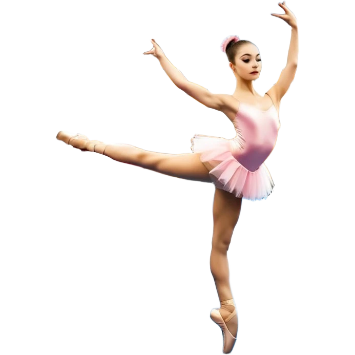 Una chica con vestuario de bailarina con las piernas flexionadas, el dedo índice en la boca, el tren superior inclinado hacia la izquierda y con la cadera proyectada hacia la izquierda emoji