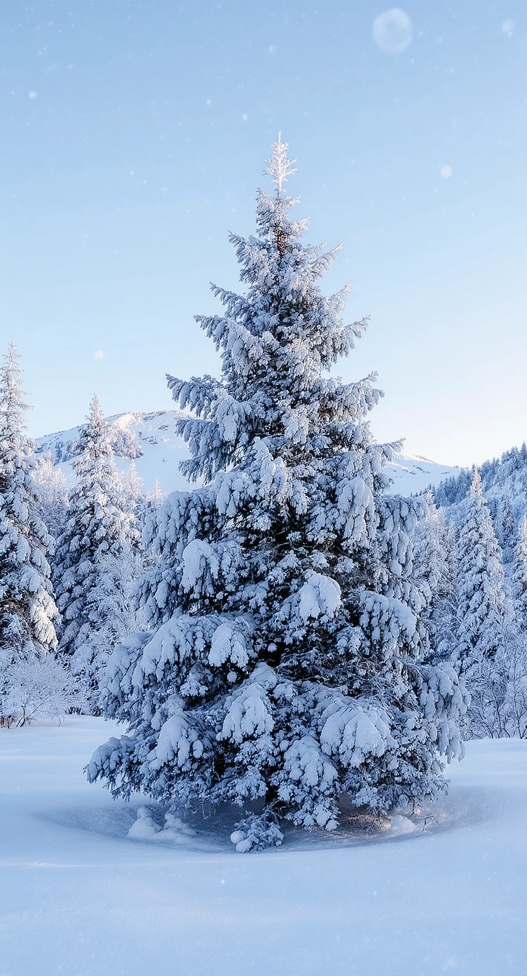 Cinematic still of a winter landcape, snowy,christmas tree in snow, in background we can see beautifull snowy landscape, soft light, symmetrical, day --no curtains emoji