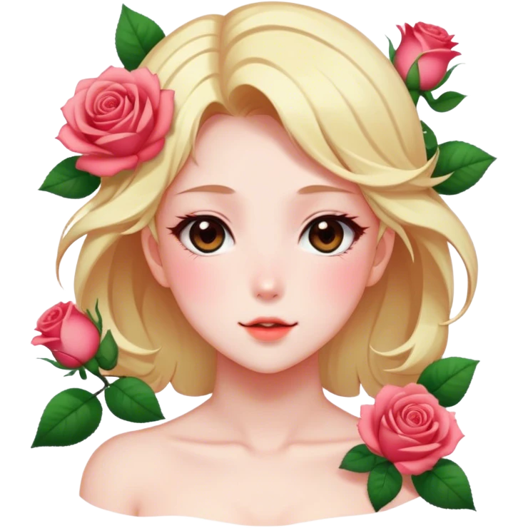 Gorgeous pastel shiny pearly colorful anime style lady with blushing face and roses leaves shiny aesthetic trending style emoji