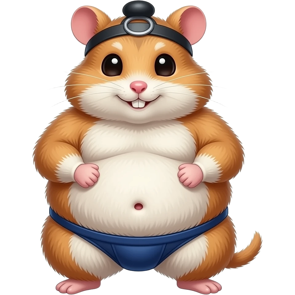 A cute female hamster,suited to be a sumo wrestler,she rubs her huge overstuffed stomach,a cute little bellybutton poking out of her fur,she is massively fat. emoji