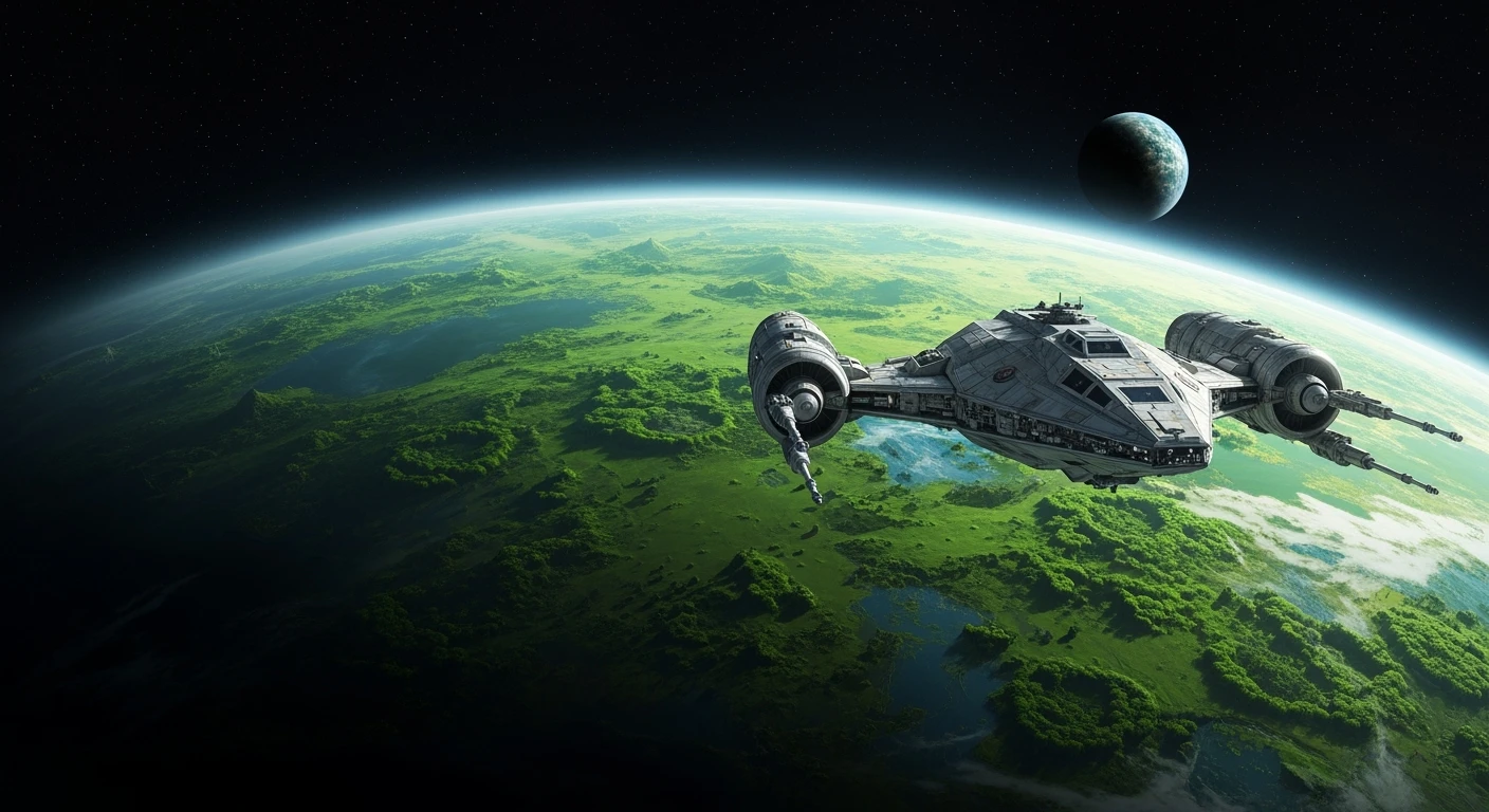 cinematic still, entire globe green planet, single starship coming to planet, inspired by StarWars movie, captured by arri alexa  emoji