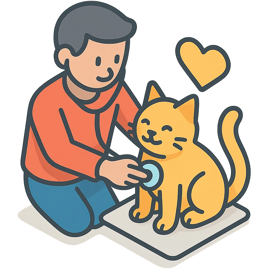 мужчина проверяет кошку, чтобы она была здорова и счастлива emoji