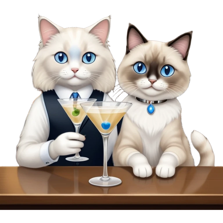 Ragdoll cat drinking martini at the bar with a black and white cat friend emoji