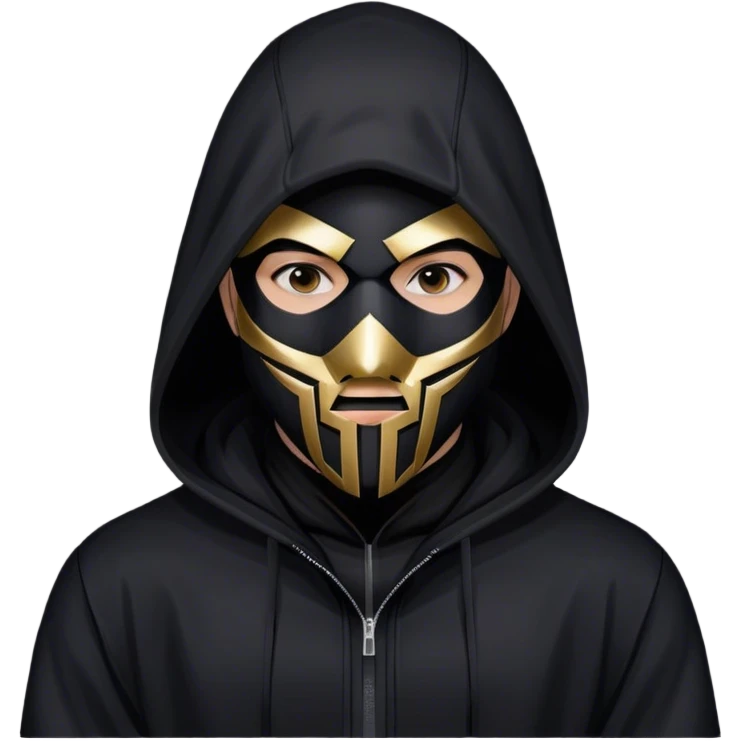 man with black hooded jacket and a black full-face geometric mask emoji