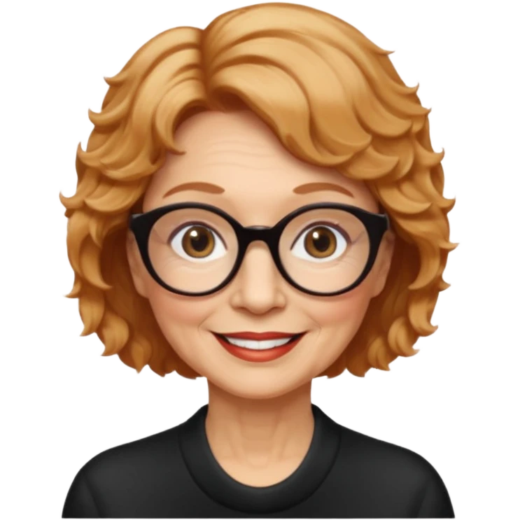 woman 70 years old, very short strawberry blonde weavy hair, brown eyes and round dark glasses smile emoji