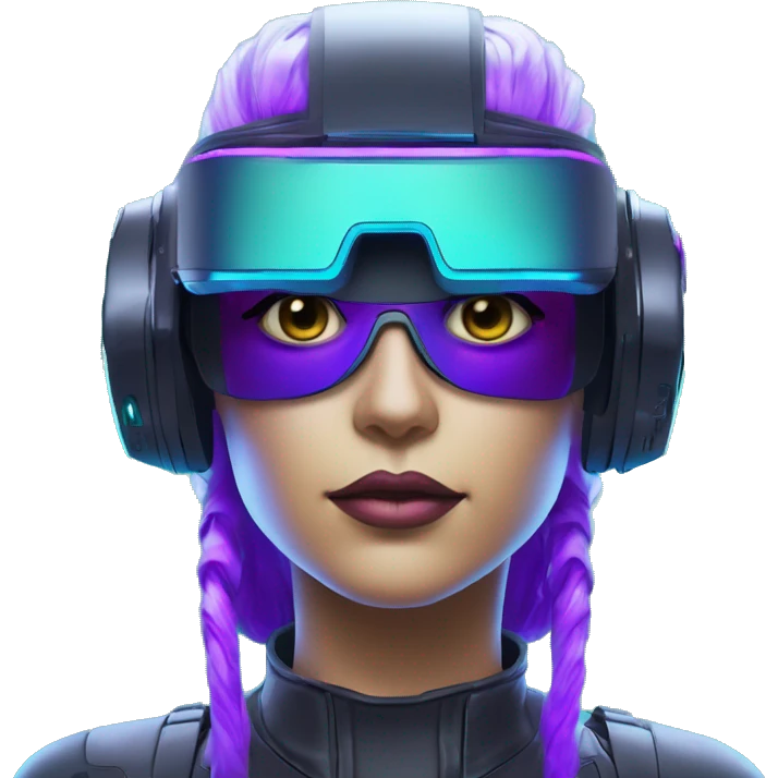 Secret humanoid agent in a futuristic hat with in Apple VR goggles headset code display on the goggles , cyberpunk, cyan and purple colors, only upper body portrait, front facing the camera  emoji