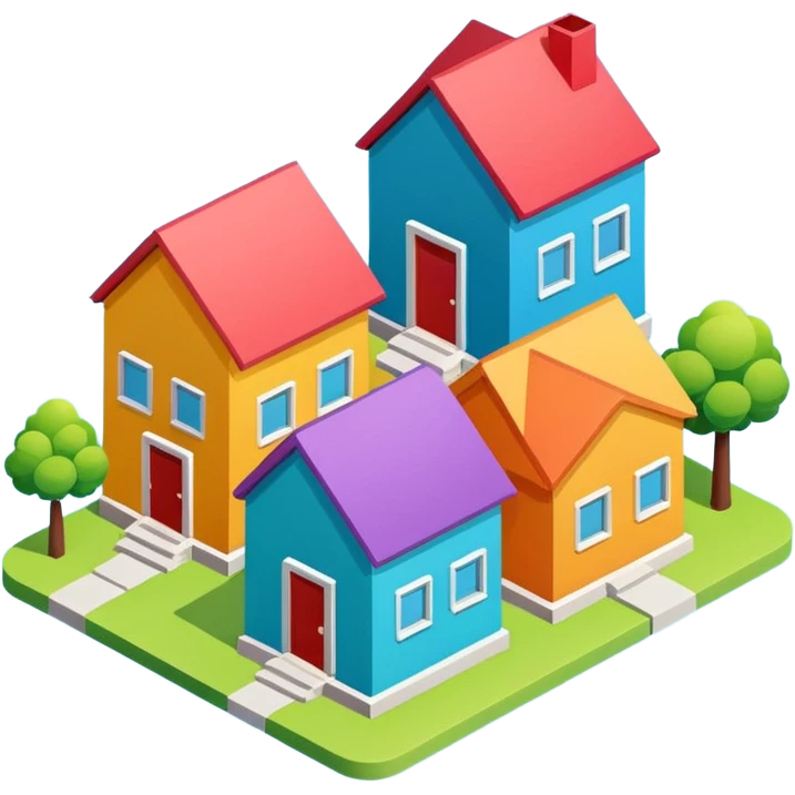 group of 3 houses representing neighborhood isometric houses on transparent background similar in style to the iphone icons emoji