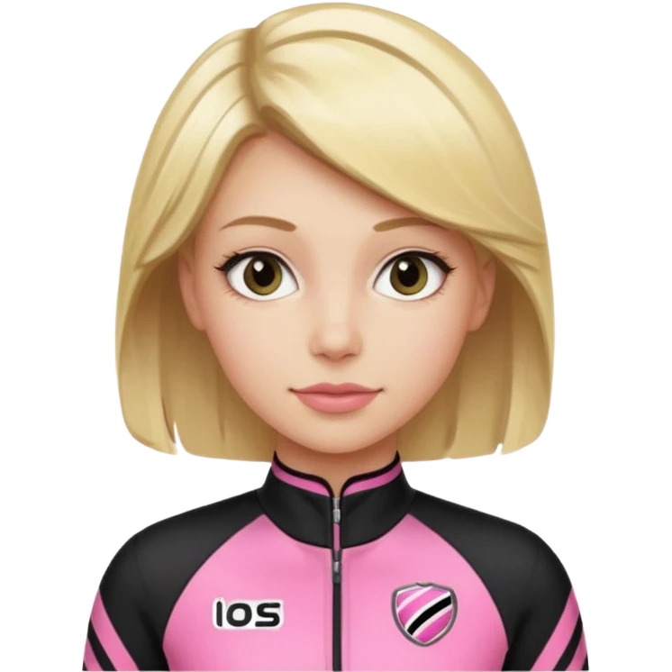 blonde woman with black racing outfit with pink strips emoji