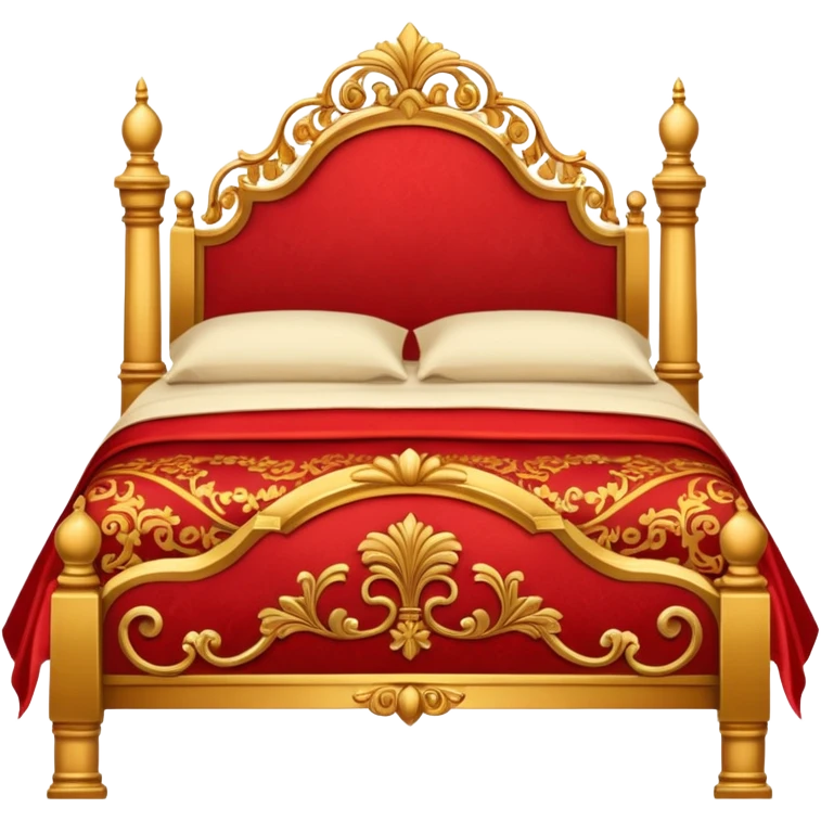 bed with red and gold sheets, wooden emoji