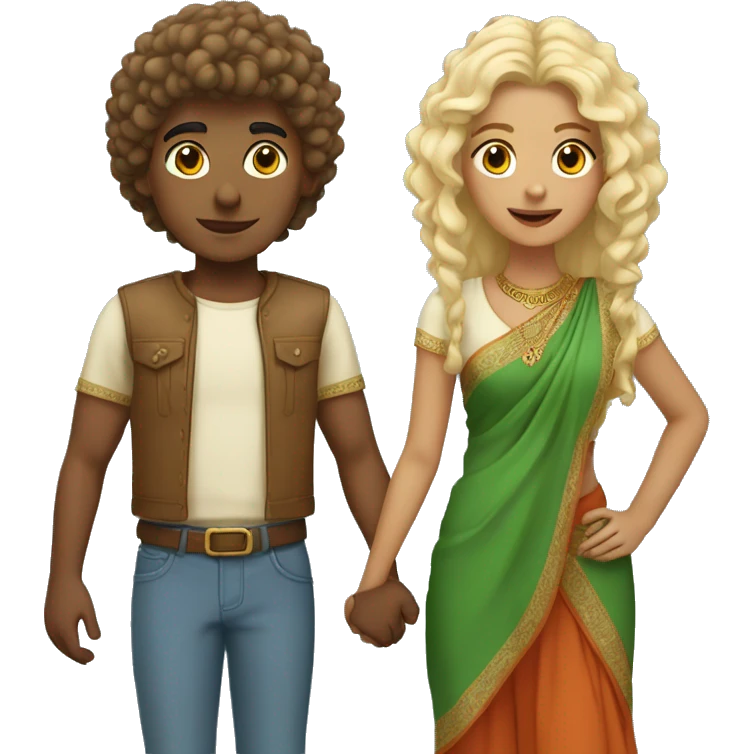 Indian boy with perm holding hand with blonde girl with straight ha emoji