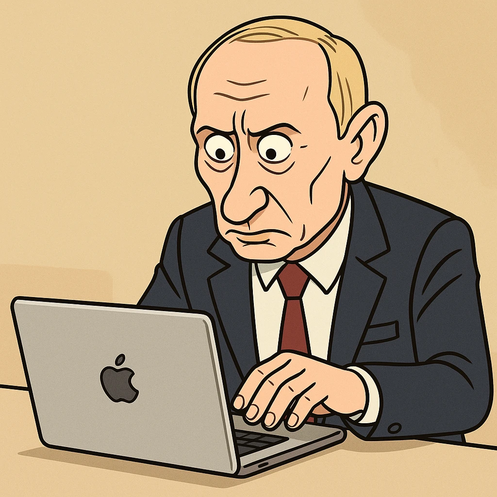 Vladimir Putin typing on a MacBook with exaggerated features emoji