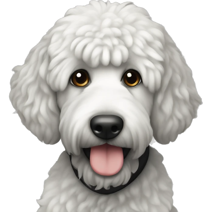 sitting Bernadoodle black with white near mouth emoji