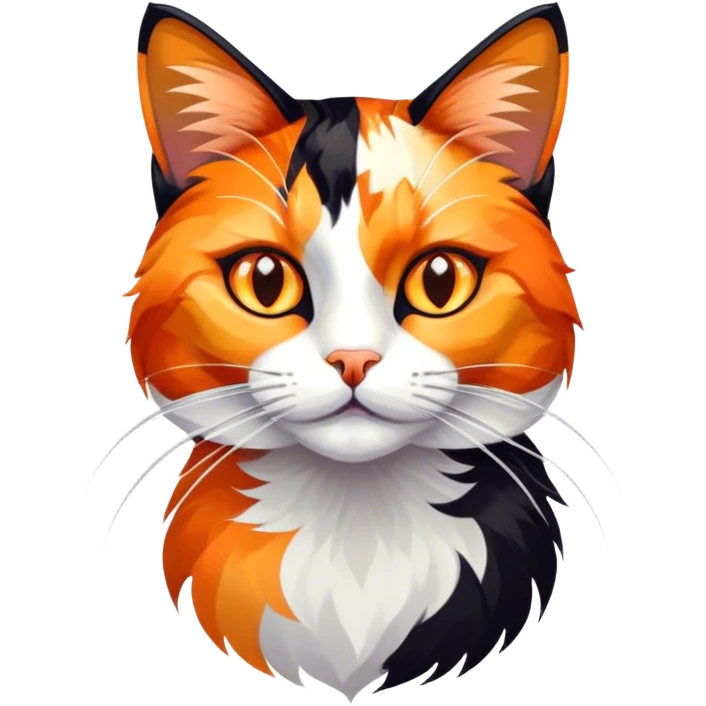 Cinematic Noble Calico Cat Portrait Emoji, Poised and regal, with a striking patchwork fur in vibrant orange, black, and white hues, delicate whiskers and a refined, focused gaze, simplified yet exquisitely detailed, glowing with a soft, moonlit radiance and an air of aristocratic elegance, high shine, exuding dignified intelligence and poised authority, soft glowing outline, capturing the essence of a watchful and noble calico cat that appears ready to grace the screen with effortless majesty! emoji