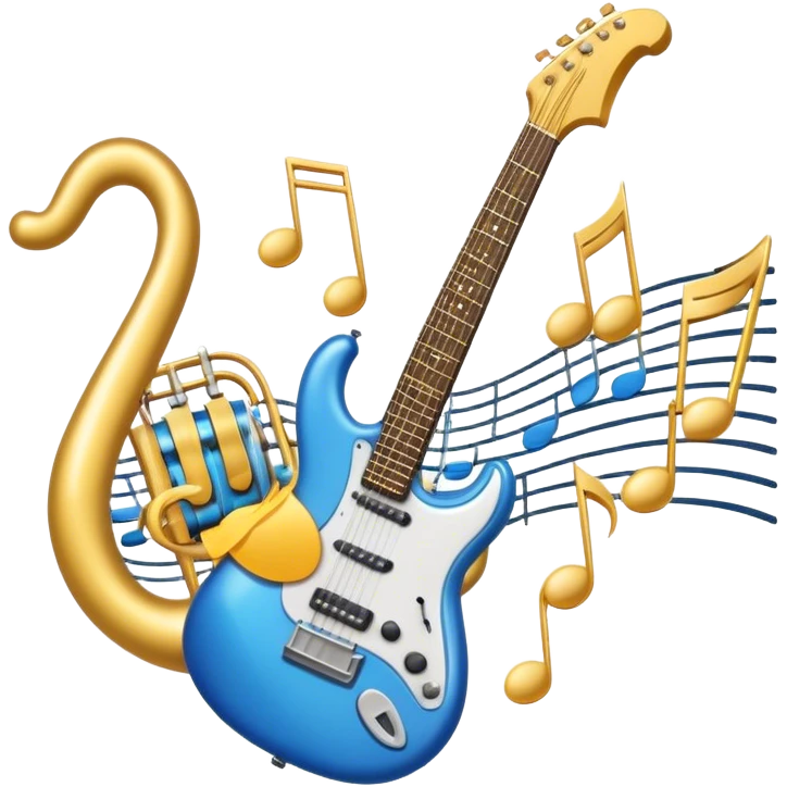 Create an elegant and dynamic emoji that represents music arrangement and orchestration. The design should feature musical notes, a synthesizer, drums, and an electric guitar, symbolizing the diverse instruments used in arranging and orchestrating music. Incorporate flowing lines to represent harmony and rhythm, with a subtle representation of sheet music. Use a combination of vibrant and classic colors like electric blue, gold, and silver, blending the electronic and traditional aspects of arrangement. The background should be transparent. emoji