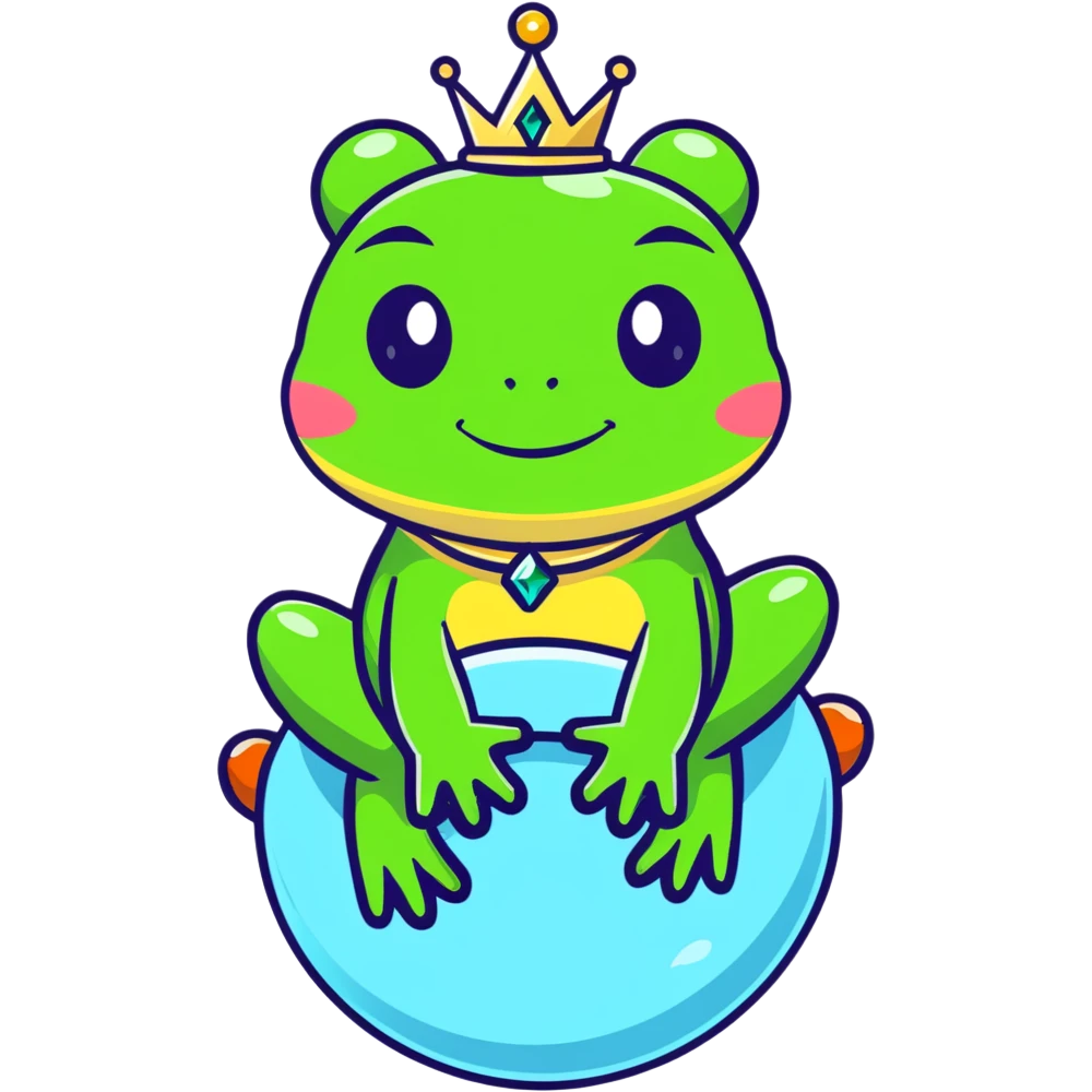 glamorous frog wearing a jeweled choker, sitting on top of the world emoji