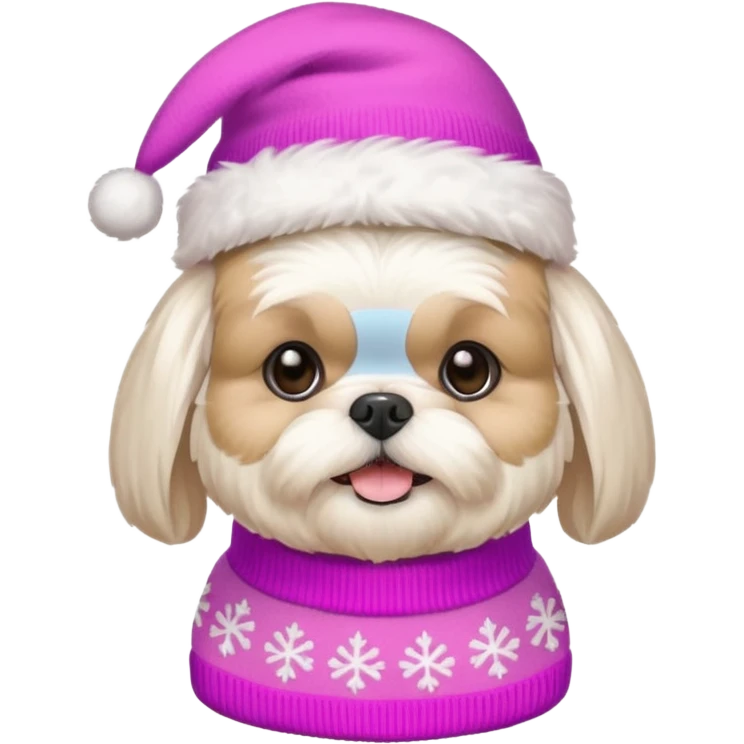 white shih tzu with pink christmas sweater and hat emoji