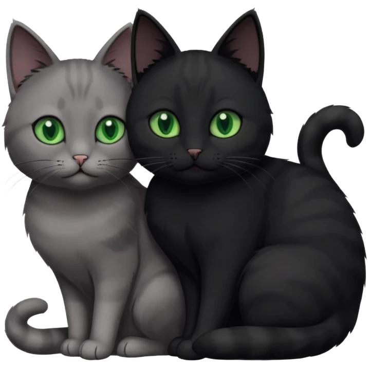 1 grey cat with green eyes and 1 black with green eyes cat cuddling emoji