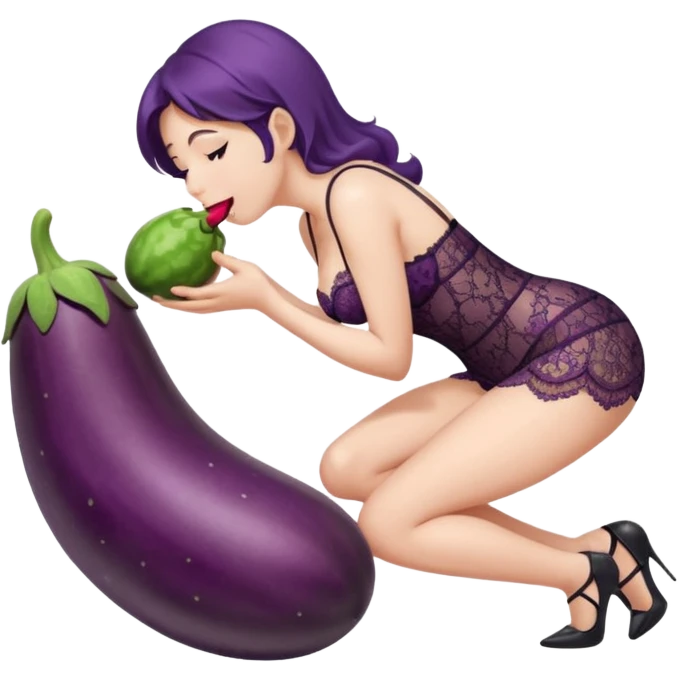 lady in lace lingerie on knees and kissing big eggplant in her mouth from the side emoji