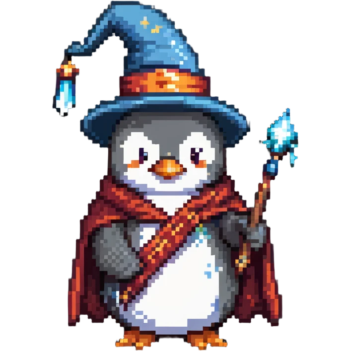 penguin wearing wizard hat and robe holding a magic wand emoji