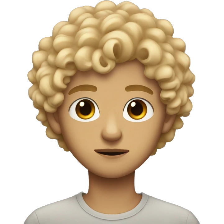 black eyes, very very curly blonde short hair teen boy, serious face, tan skin emoji