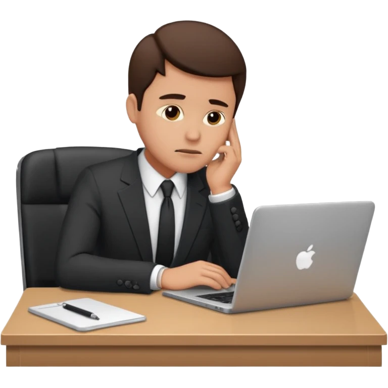 A man in corporate attire sitting at a desk, having fatigue while working on a laptop emoji