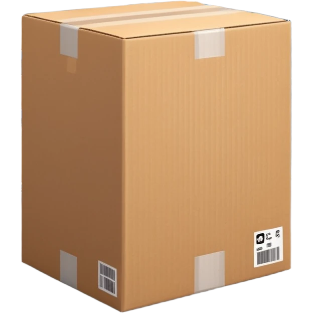 Ultra-realistic cardboard box inspired by the 📦 emoji in a warehouse environment, 4K, detailed corrugated texture, taped edges, industrial shelves in background, soft industrial lighting, realistic shadows, sharp focus, cinematic depth, professional photography. emoji