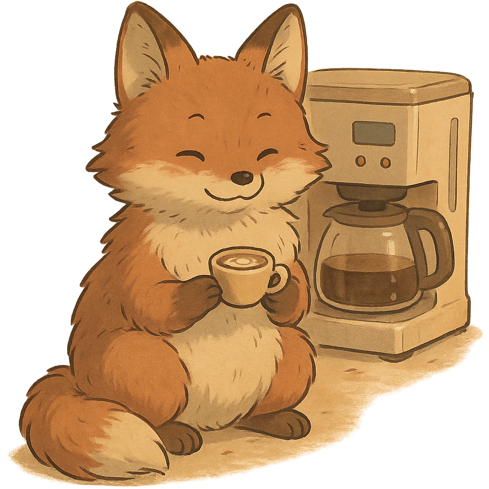 soft fluffy full-body fox holding a tiny latte cup, brown and beige tones, pastel coffee maker aesthetic, cozy coffee shop vibe, gentle warm atmosphere, Ghibli style emoji