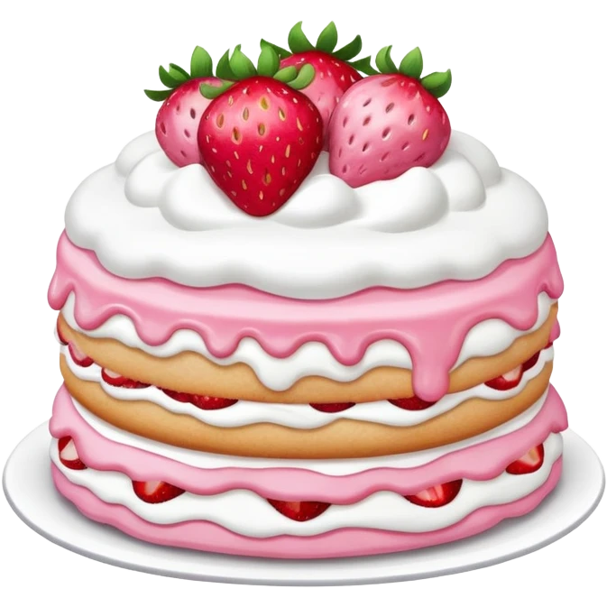A pink strawberry shortcake that has 3 layers and is round with fluffy white icing  emoji
