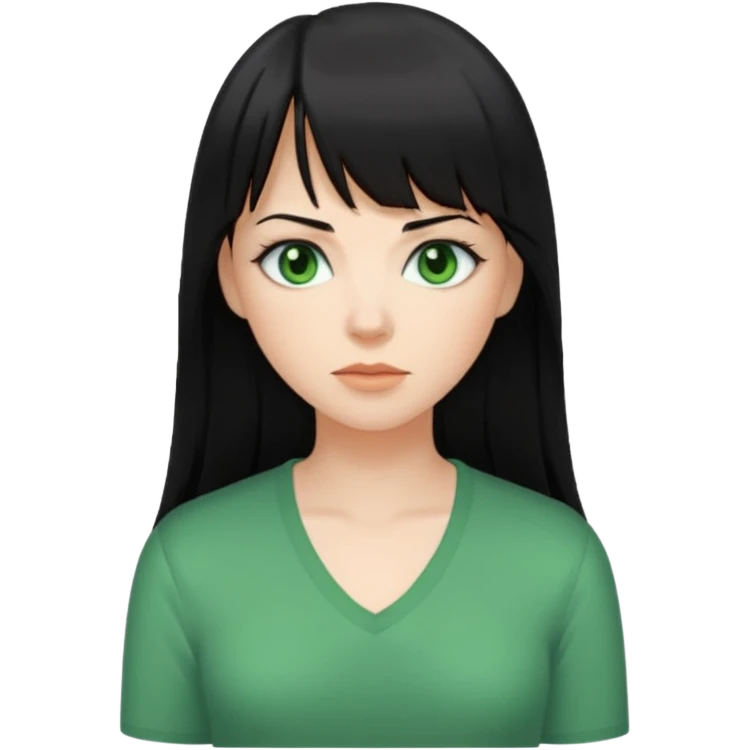 A white woman with Long straight hair with bangs, black hair, green eyes and a low-cut shirt emoji